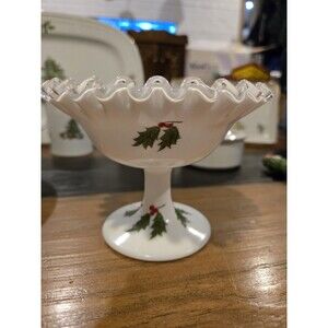 vintage Fenton white milk glass compote hand-painted holly Signed